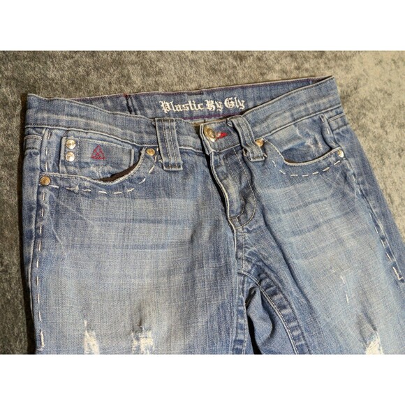 Plastic by GLY Bootcut Jeans Women's Size 26 Made in USA Y2K Distressed Stitched - Picture 2 of 11